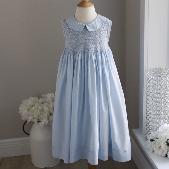 Blue Smocked Dress Hand Embroidery Boutique Size 7 Vacation Spring Summer - Picture 3 of 7